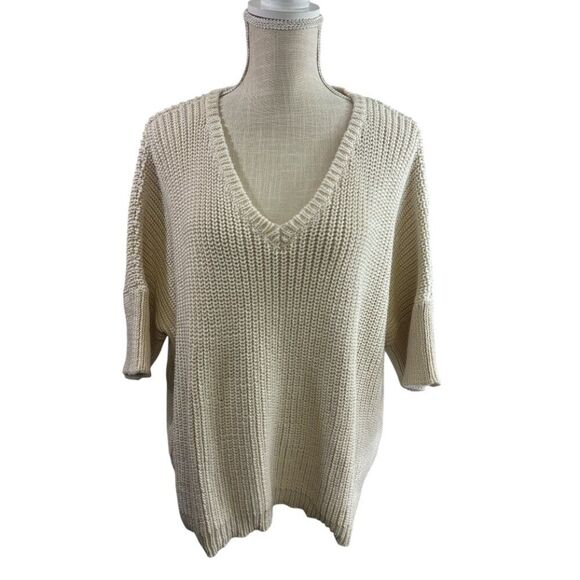 Honest Cotton V-Neck Beige Oversized Chunky Knit Pullover Sweater OS Coastal - Picture 1 of 10